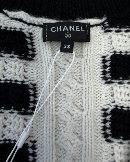 Chanel 23C Cashmere Checkerboard Cardigan Beige/Ecru, Black FR 38
