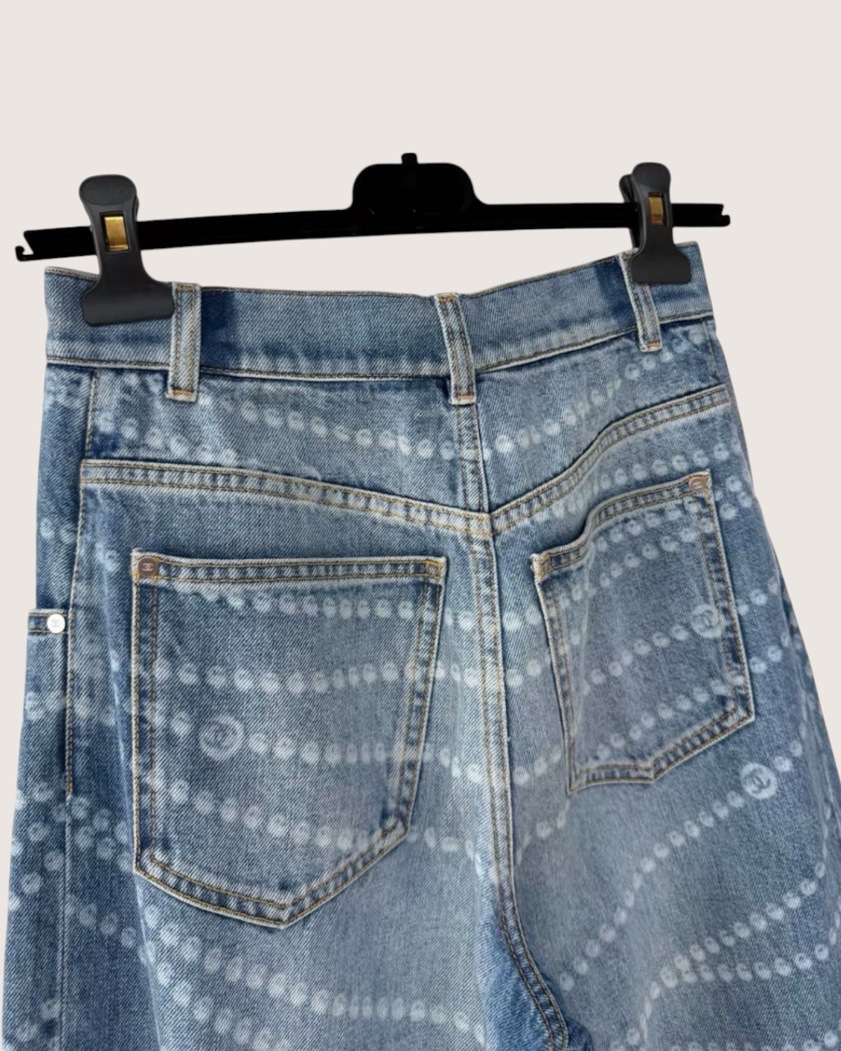Chanel 25P CC Pearl-Print Wide-Leg Denim Jeans Blue, White FR 36