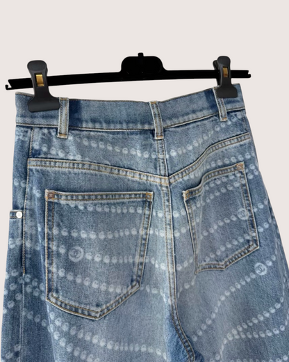 Chanel 25P CC Pearl-Print Wide-Leg Denim Jeans Blue, White FR 36
