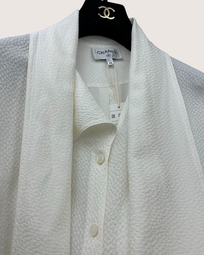 Chanel 26P CC Jacquard Tie-Neck Shirt White FR 34