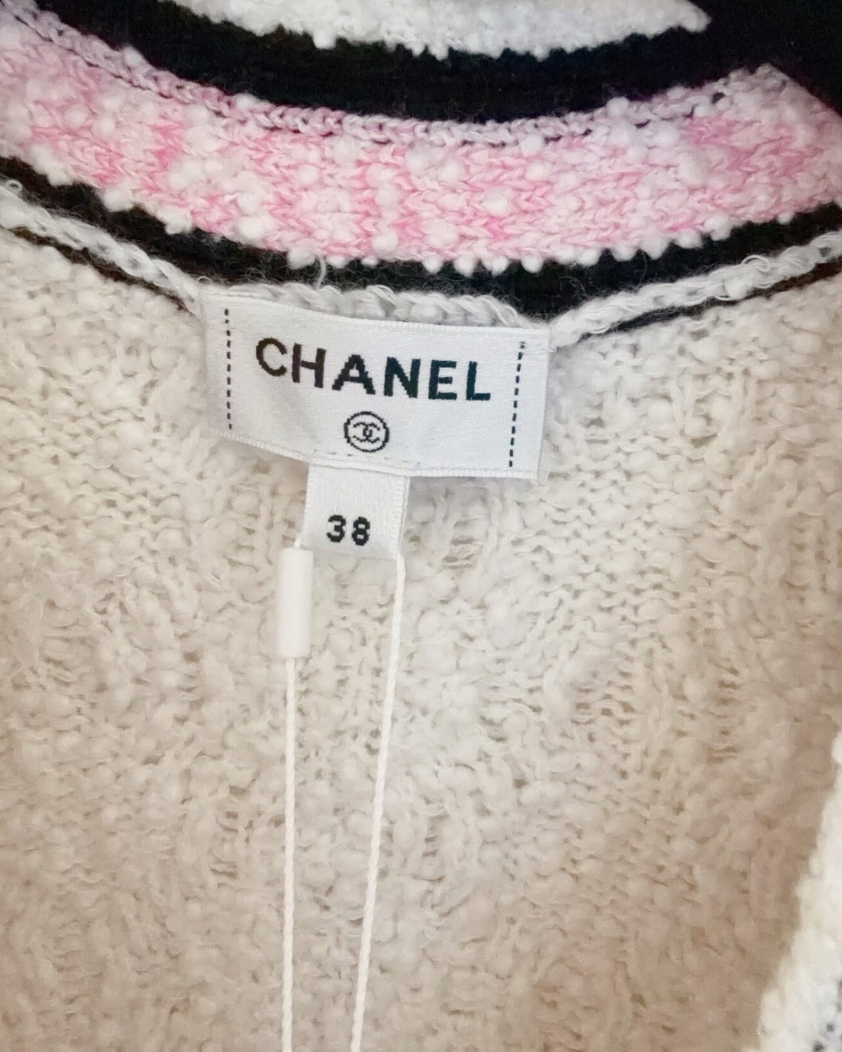 Chanel 24P Clover-Patch Openwork Cardigan White, Pink, Black FR 38