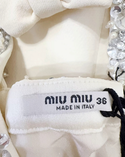 Miu Miu Tweed Crystal-Fringe Mini Dress Beige/Ecru, White FR 36