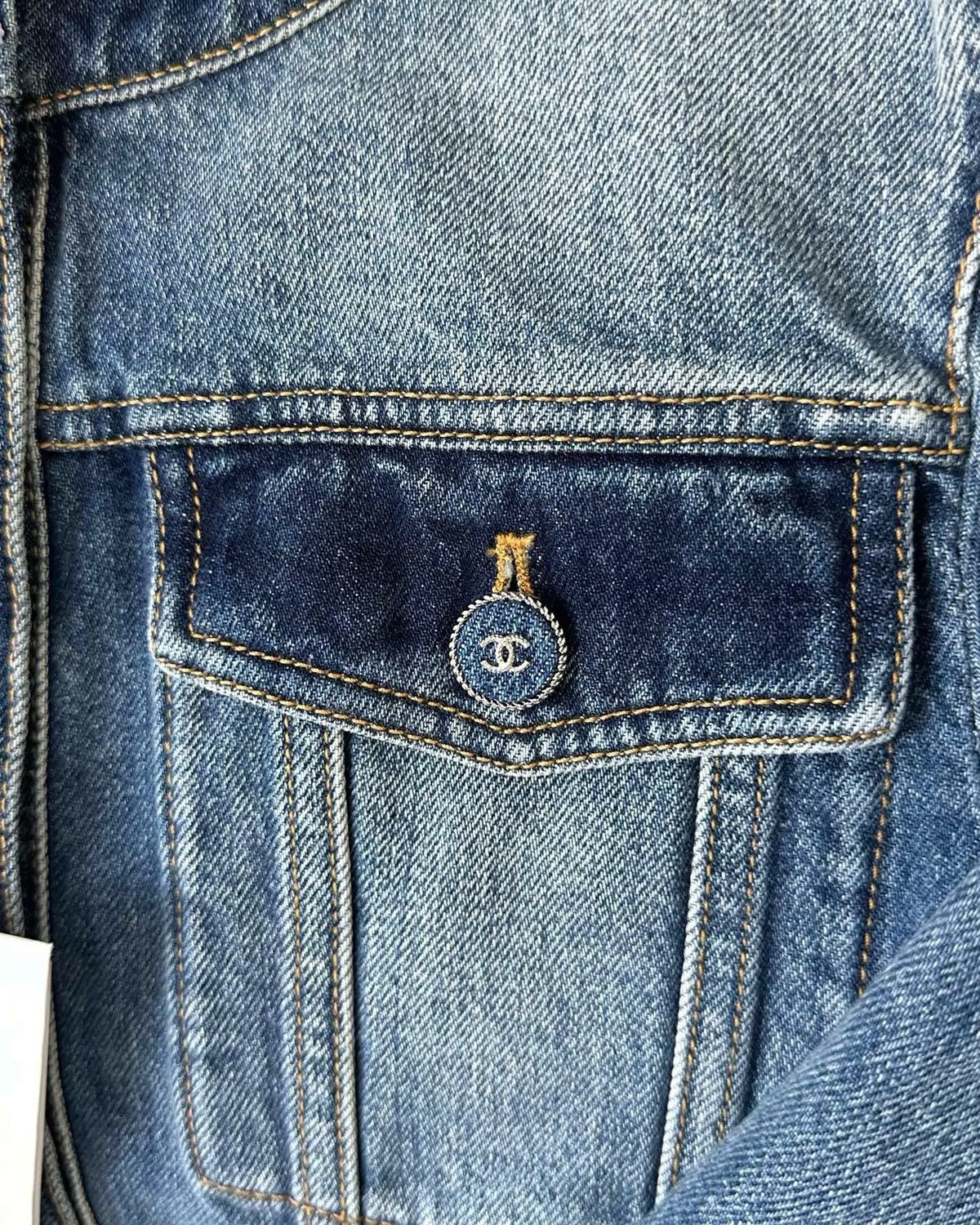 Chanel 24B Denim Crewneck Pocket Jacket Blue FR 38