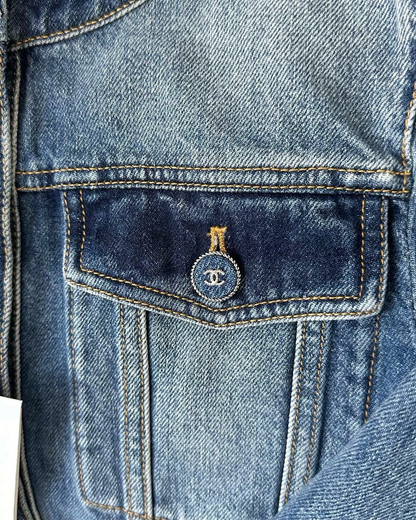 Chanel 24B Denim Crewneck Pocket Jacket Blue FR 38
