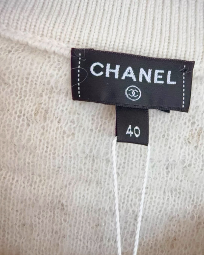 Chanel 23B Sequin Checkerboard Cardigan Beige/Ecru, Gold FR 40