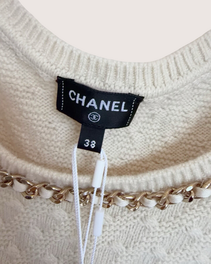 Chanel 23B Cashmere Chain-Trim Cropped Top Beige/Ecru, Gold FR 38