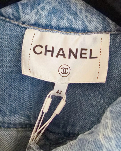 Chanel 23A Camellia Denim Jacket Blue, White FR 42