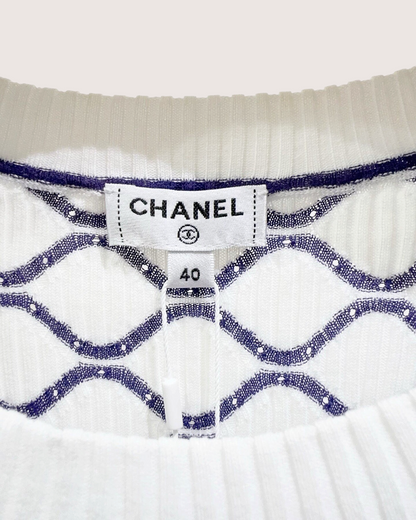 Chanel 20P Honeycomb CC Short-Sleeve Sweater White, Navy, Pink FR 40