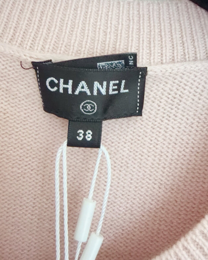 Chanel 22P Cashmere Pearl-Embellished Short-Sleeve Cardigan Pink, Silver FR 38