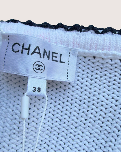 Chanel 24S Striped Pom-Trim Cardigan White, Black, Multicolor FR 38