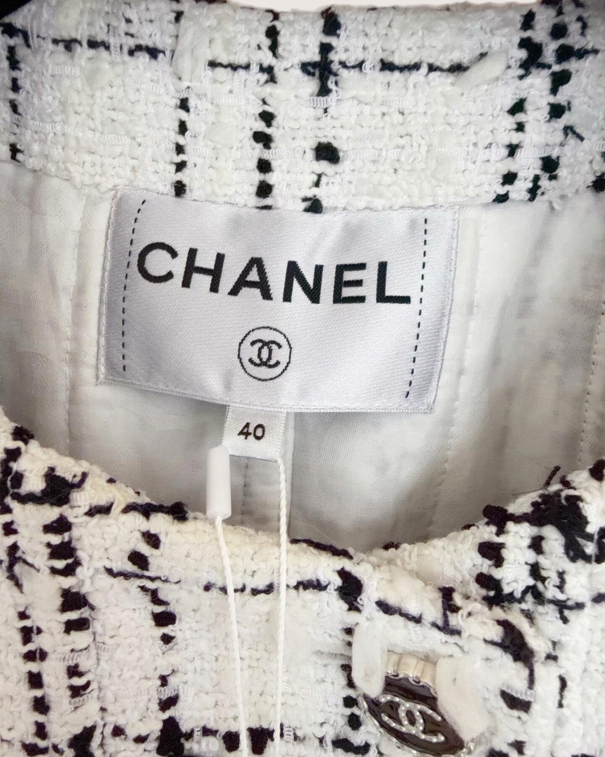 Chanel 22C Tweed Fringe Plaid Jacket White, Black FR 40
