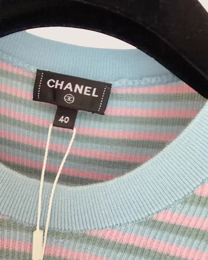 Chanel 25B Striped Cashmere Short-Sleeve Top Blue, Pink, Green, Multicolor FR 40