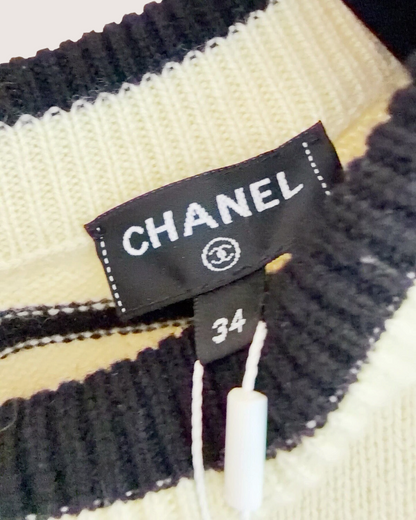 Chanel 25S Cashmere Striped Cardigan Beige/Ecru, Black FR 34