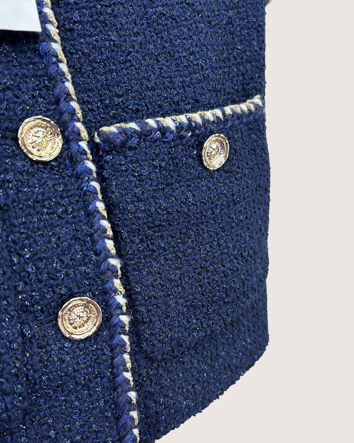 Chanel 25A Tweed Short-Sleeve Four-Pocket Jacket Navy, White, Gold FR 34