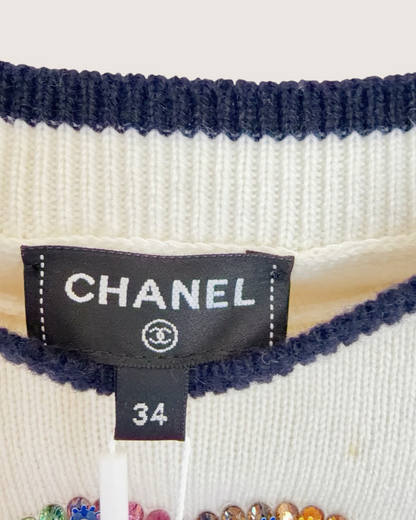 Chanel 23C Cashmere CC Sequin Striped Sweater Beige/Ecru, Black, Multicolor FR 34