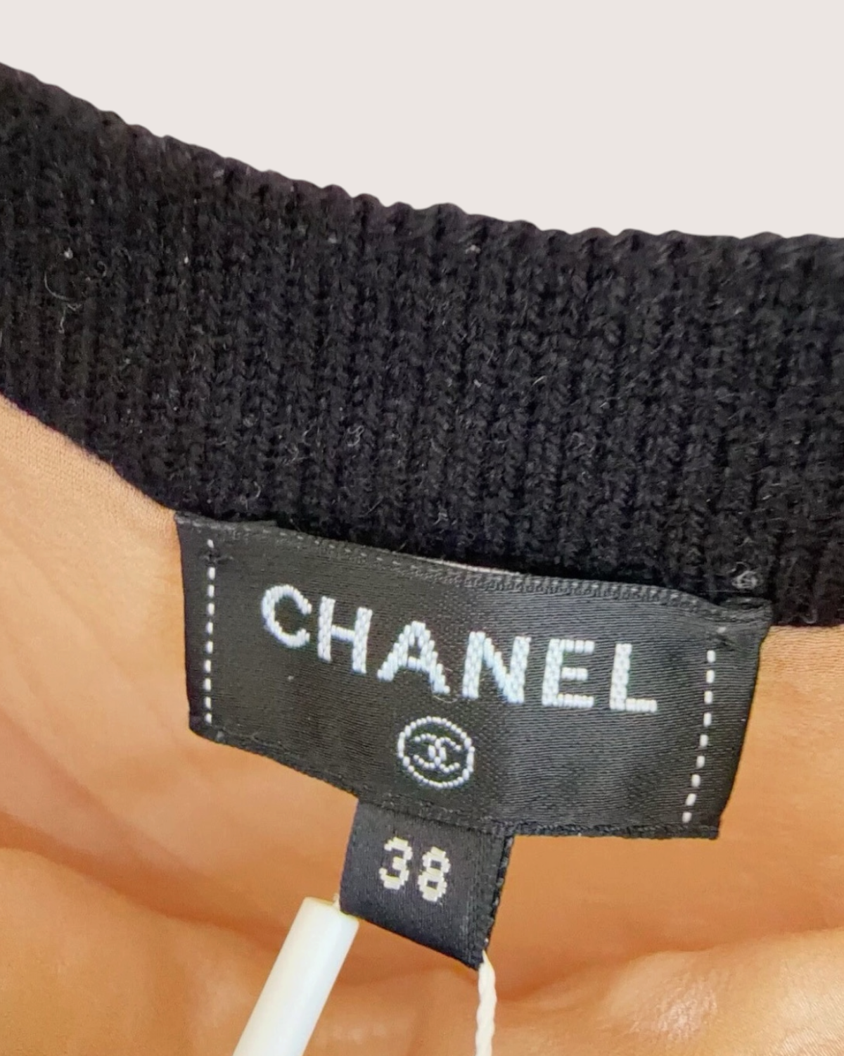 Chanel 22C Cashmere Crochet Openwork Off-Shoulder Mini Dress White, Black FR 38