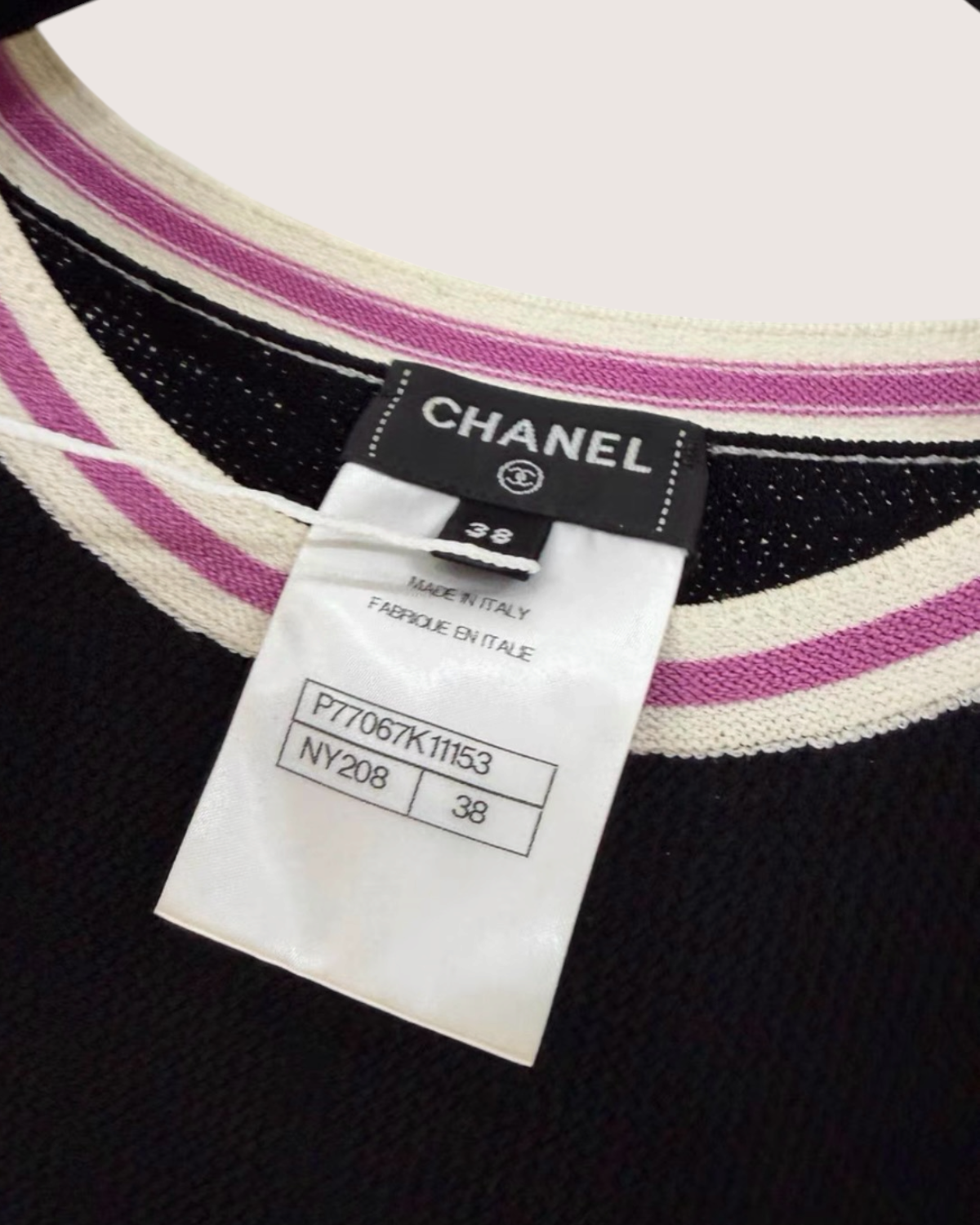 Chanel 23N Coco Neige CC Mesh-Panel Sweater Black, White, Pink FR 38