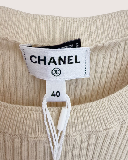 Chanel 26B CC Logo Ribbed Tank Top Beige/Ecru FR 40