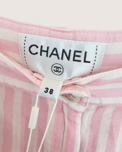 Chanel 24M Coco Beach Striped Logo Trousers Pink, White FR 38