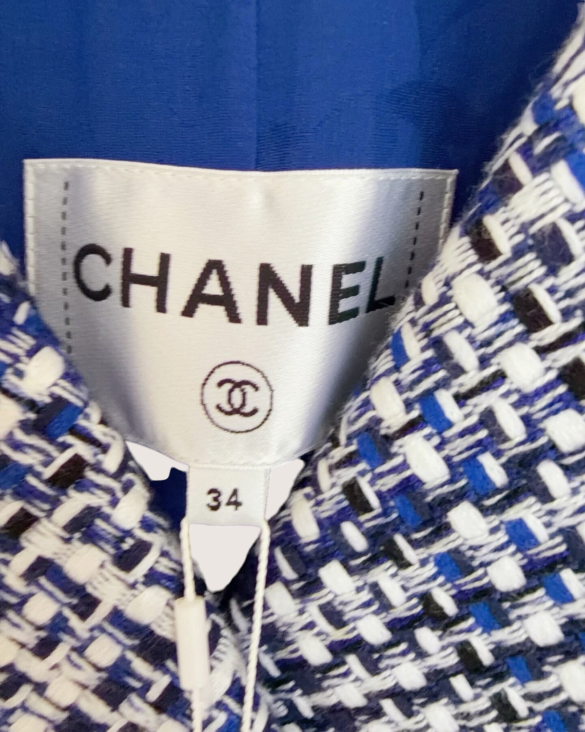 Chanel 20P Checked Tweed Jacket Blue, White, Navy FR 34