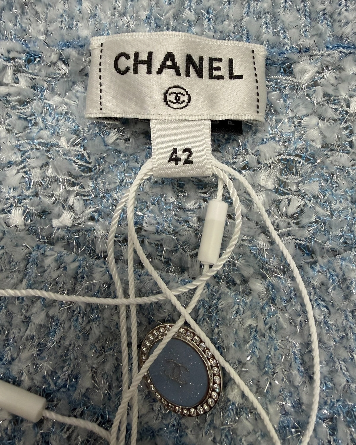 Chanel 26C Knit Shimmer Cardigan Blue, White, Silver FR 42