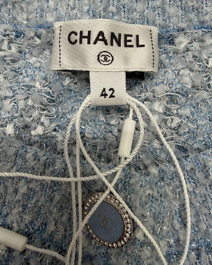 Chanel 26C Knit Shimmer Cardigan Blue, White, Silver FR 42