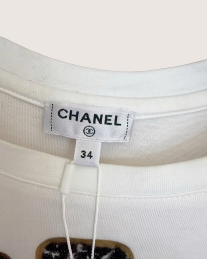 Chanel 20K Tweed Flower T-Shirt White, Black, Gold FR 34