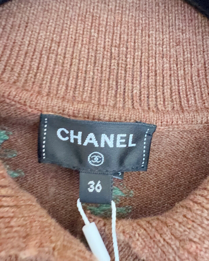 Chanel 22K Cashmere Floral Short-Sleeve Polo Sweater Brown, Pink, Green FR 36