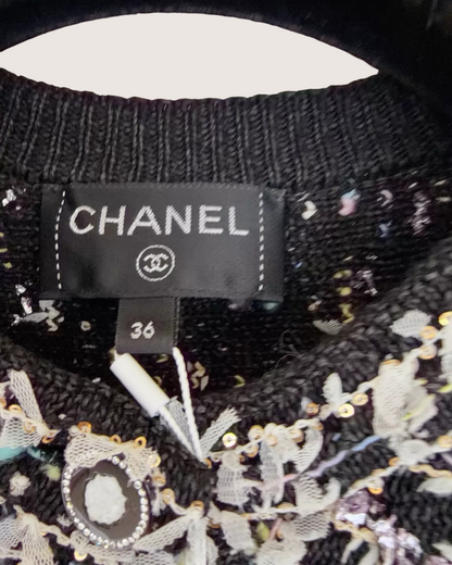 Chanel 22P Fringed Cardigan Black, White, Multicolor FR 36