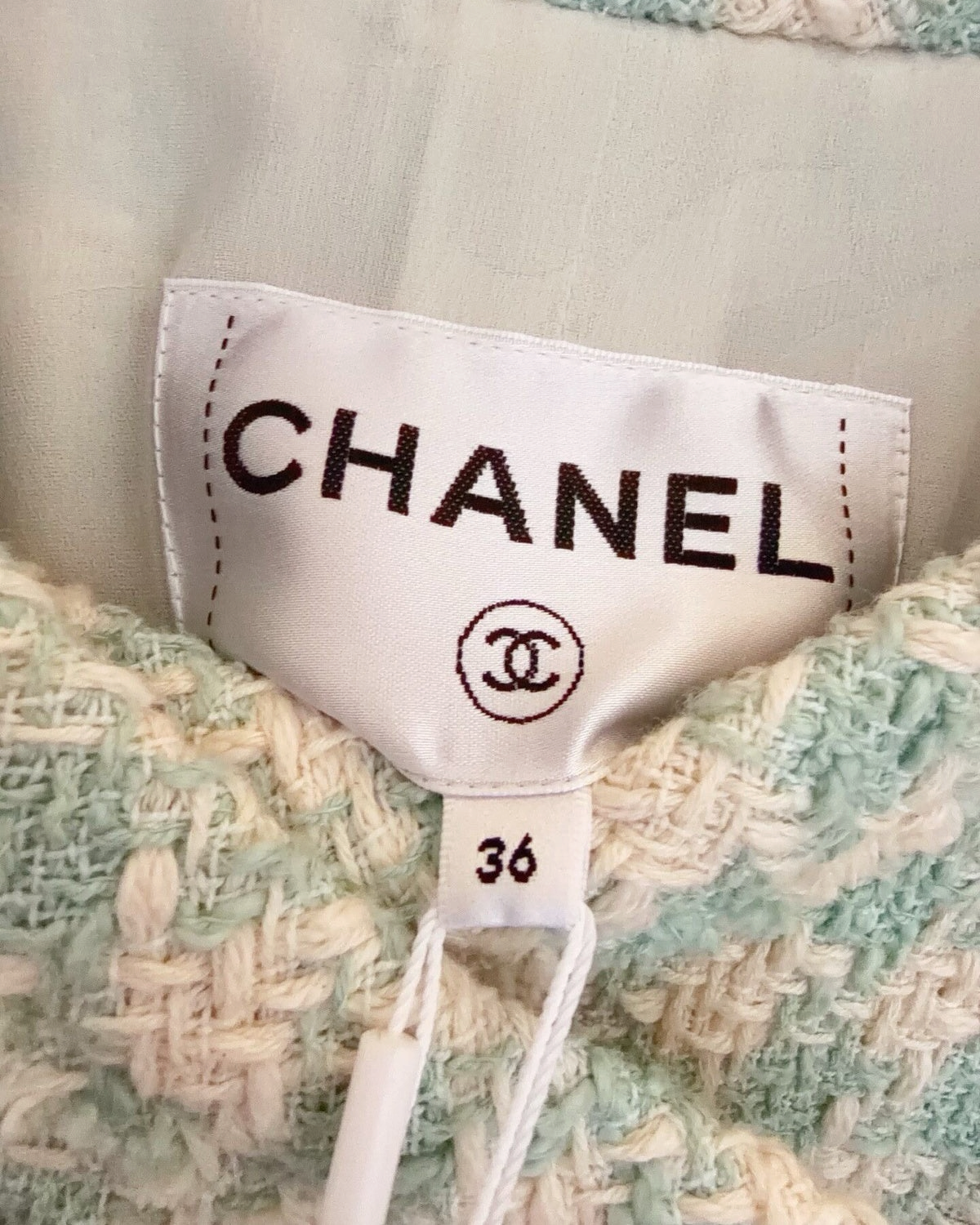 Chanel Check Tweed Cropped Jacket Green, Beige/Ecru FR 36