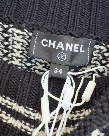 Chanel 26N Coco Neige Wool Striped Sweater Black, Beige/Ecru FR 34