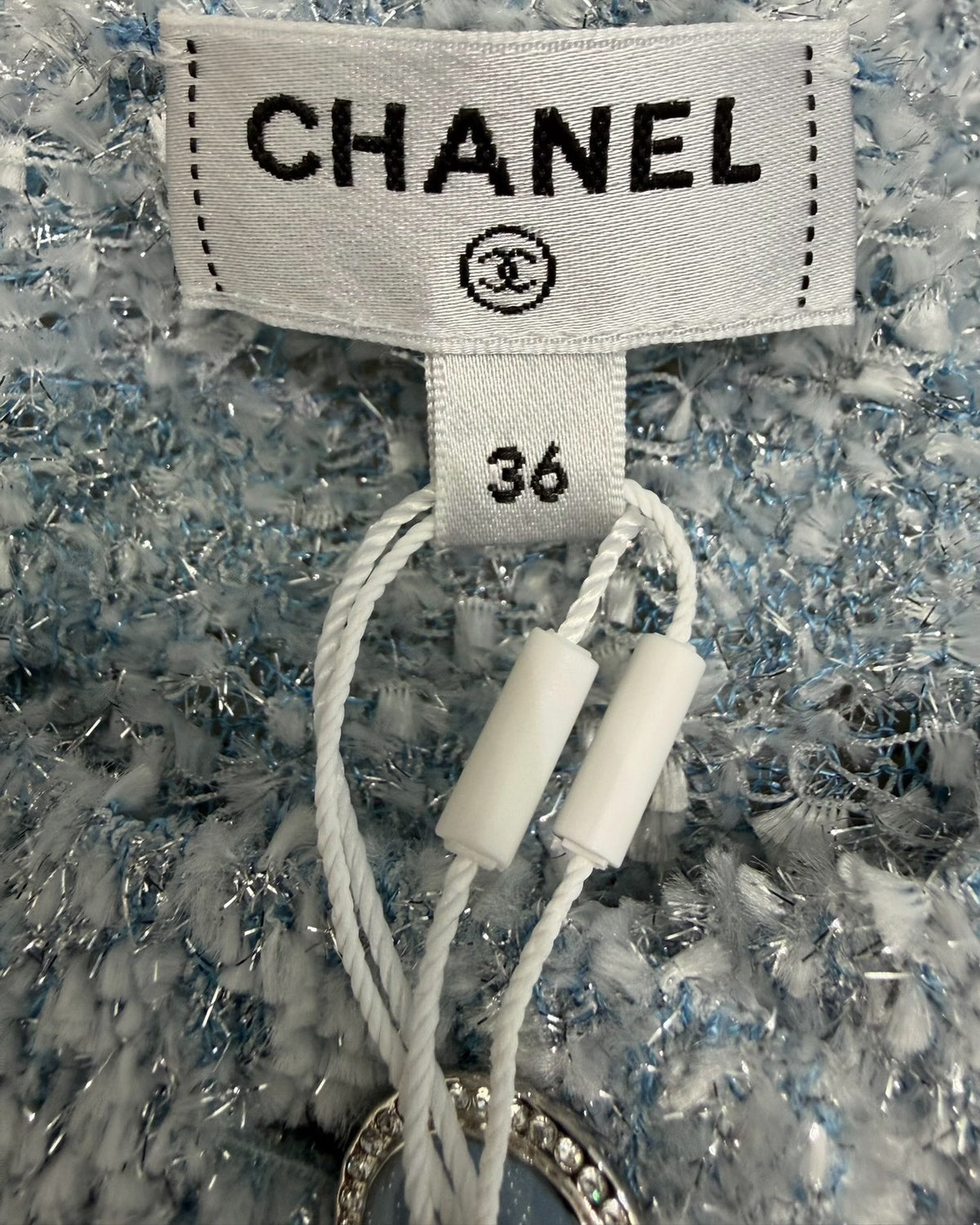 Chanel 26C Shimmer Bouclé Cardigan Blue, White, Silver FR 36