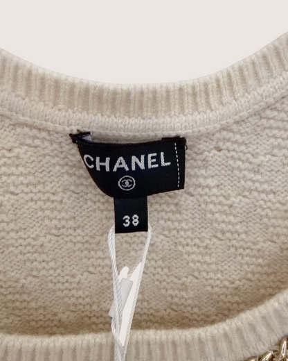 Chanel 23B Cashmere Chain-Trim Top Beige/Ecru, Gold FR 38