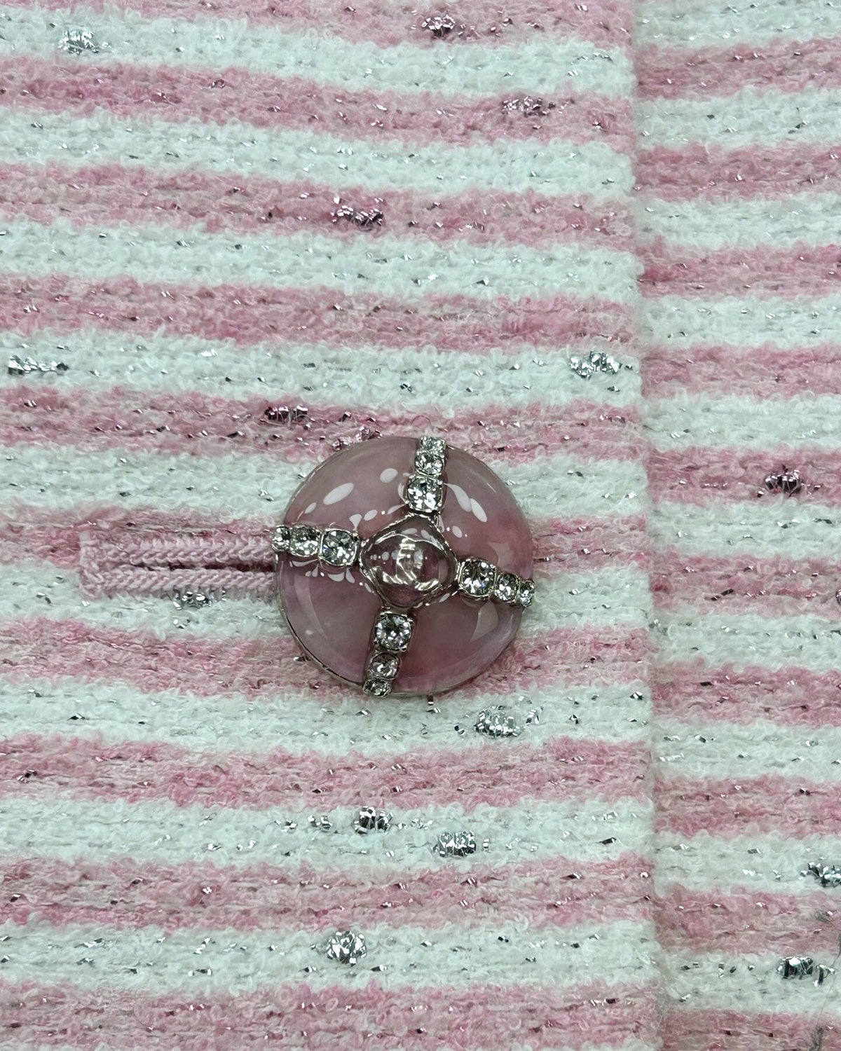 Chanel 24C Striped Tweed Crewneck Shimmer Jacket Pink, White FR 40