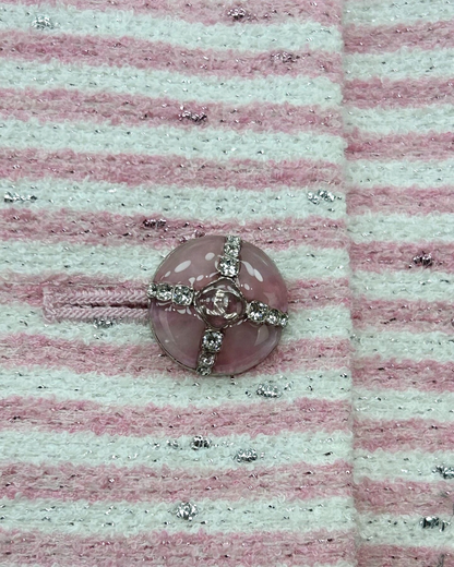 Chanel 24C Striped Tweed Crewneck Shimmer Jacket Pink, White FR 40