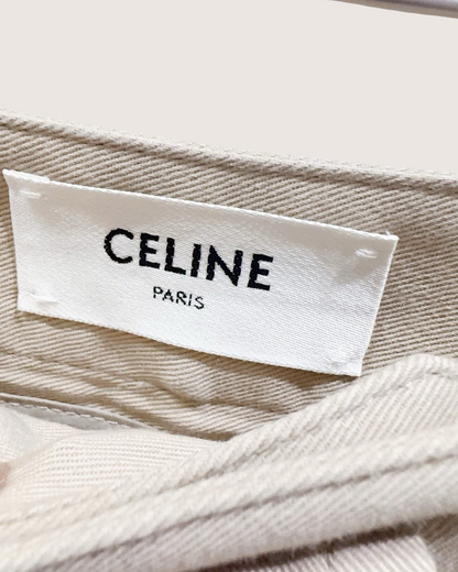 Celine Belted Wide-Leg Trousers Beige/Ecru