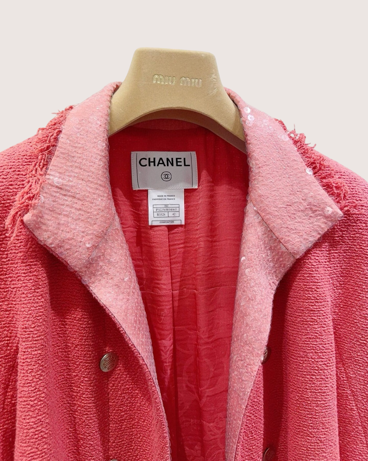 Chanel 08C Sequin-Trim Fringe Tweed Jacket Pink FR 42