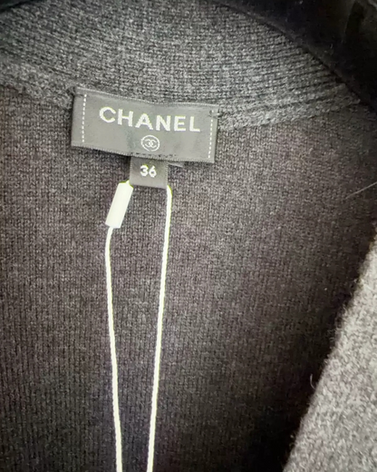 Chanel 22A Wool CC Logo Cardigan Grey, Silver FR 38