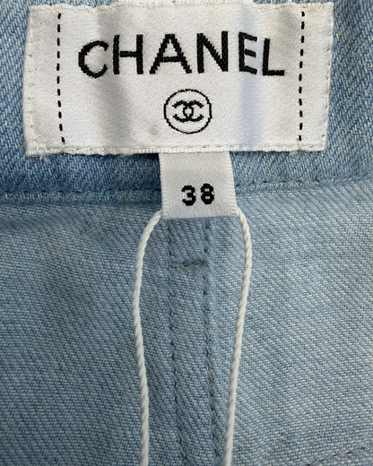 Chanel 26C Striped Wide-Leg Denim Jeans Blue, White FR 38