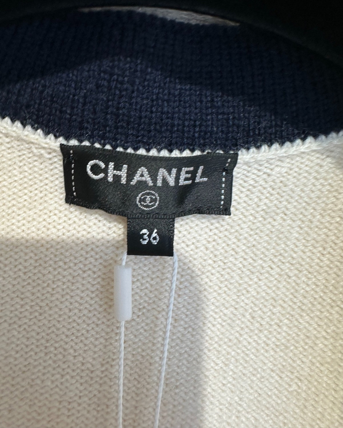 Chanel 26P Cashmere Striped-Trim Cardigan Beige/Ecru, Navy, Red FR 36