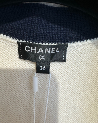 Chanel 26P Cashmere Striped-Trim Cardigan Beige/Ecru, Navy, Red FR 36