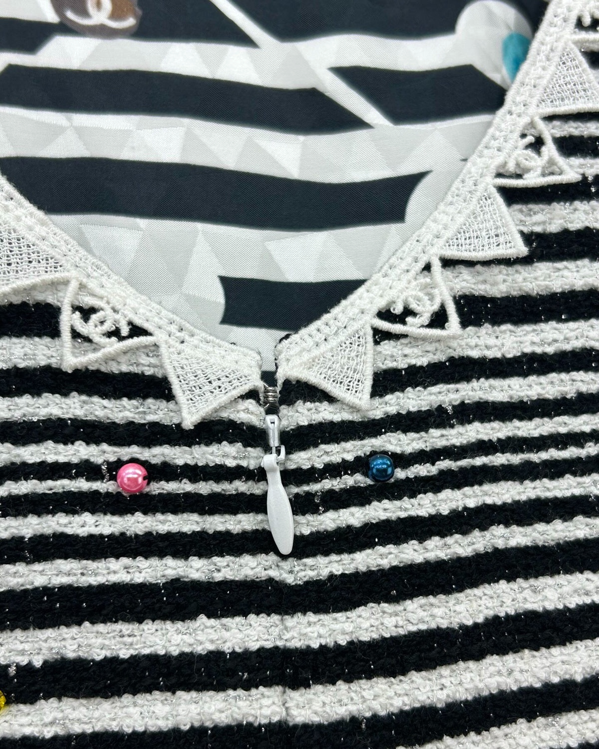 Chanel 24S Striped Beaded Mini Dress Black, White