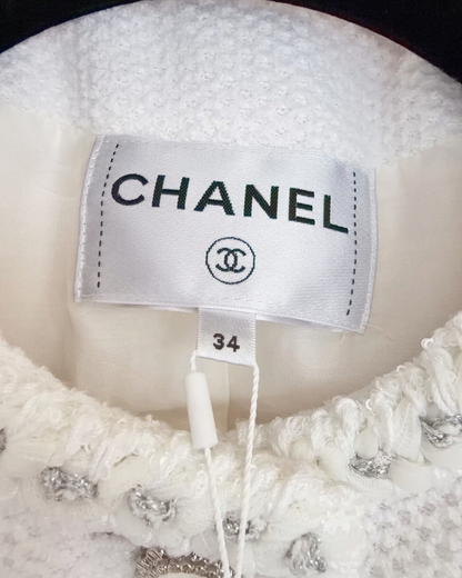 Chanel 26C Braid-Trim Tweed Jacket White, Silver FR 34