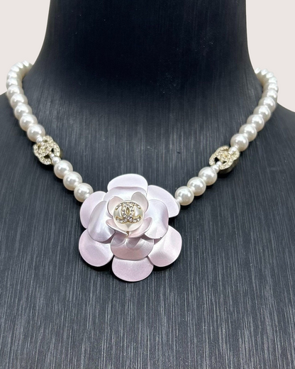 Chanel 23C Camellia Pearl Choker Necklace White, Pink, Gold One Size