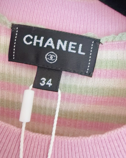 Chanel 25B Striped Short-Sleeve Sweater Pink, Green, White FR 34