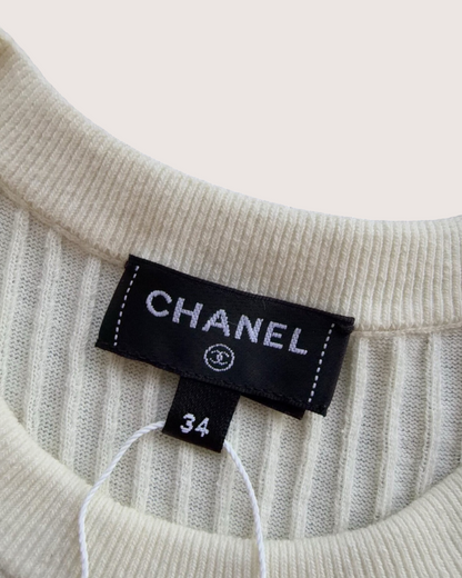 Chanel 25P Fish Motif Short-Sleeve Sweater Beige/Ecru, Pink, Black FR 34