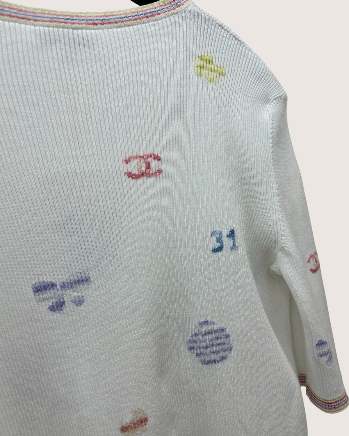 Chanel 21C Short-Sleeve Confetti Heart Cardigan White, Multicolor FR 36