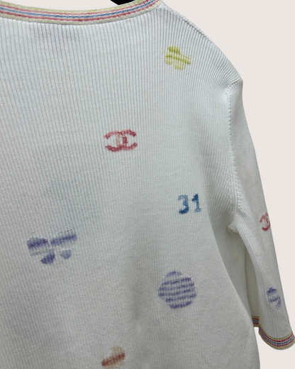 Chanel 21C Short-Sleeve Confetti Heart Cardigan White, Multicolor FR 36
