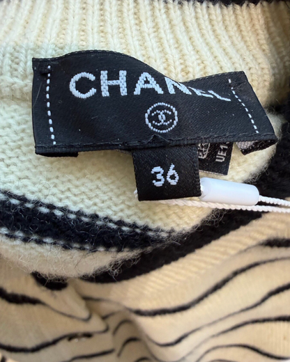 Chanel 25S Cashmere Striped Cardigan Beige/Ecru, Black FR 36