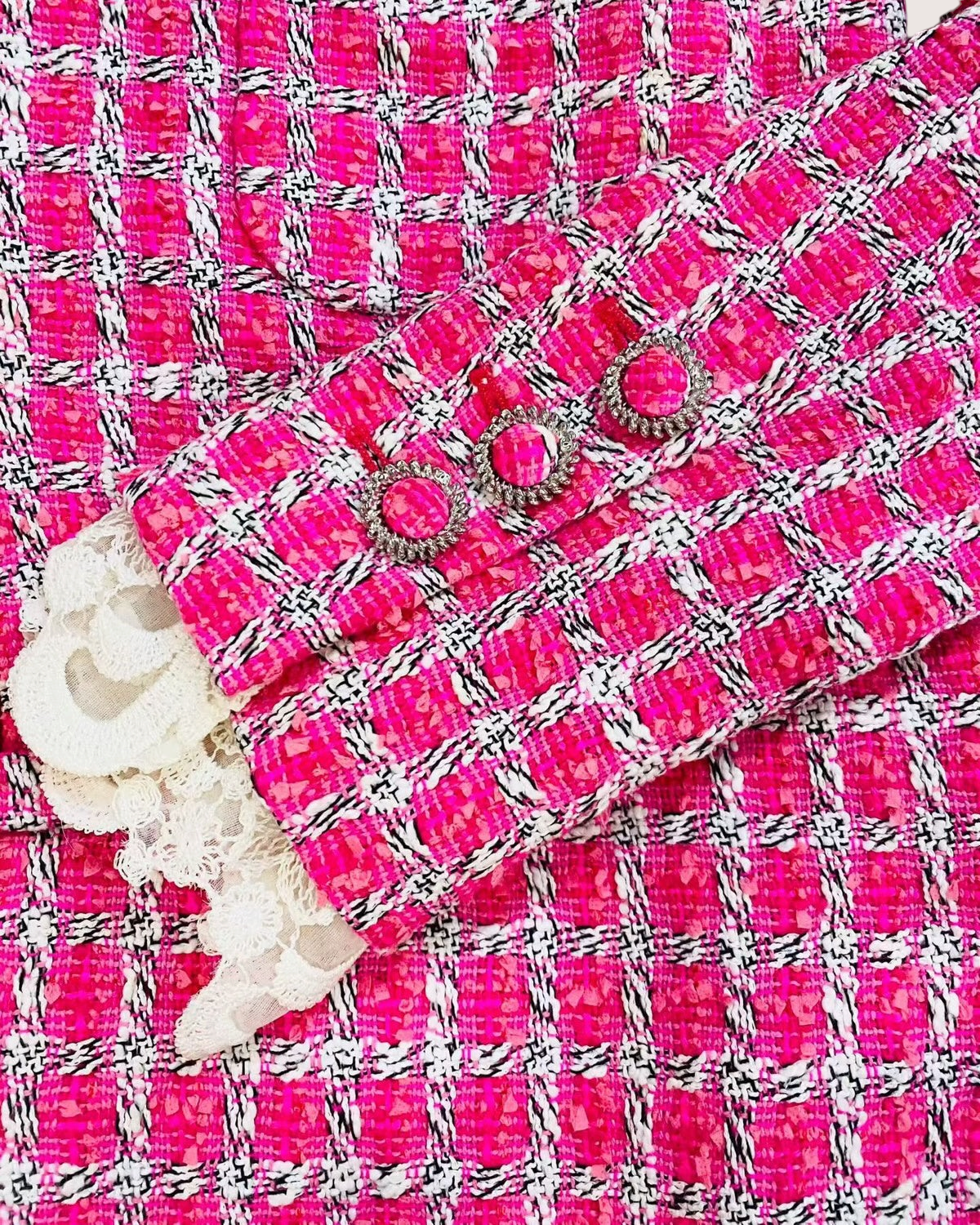 Chanel 14S Belted Tweed Jacket Pink, White, Black FR 36